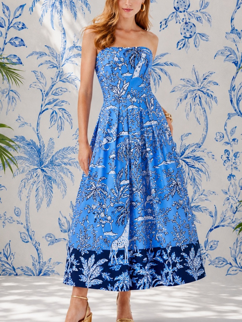 🆕 🌿🦋Lilly Pulitzer Kenni Midi Dress Size 0 Sunwashed Blue Tall Tales Strapless